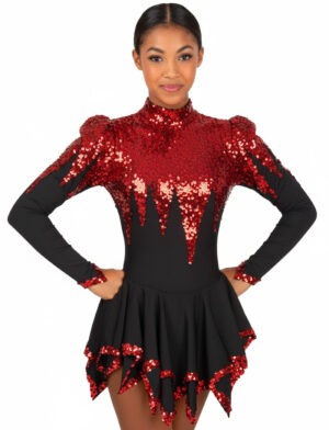 Majorette dress with puffed shoulders, sleeves and pointed skirt made with lycra, sequins and sequin trim.