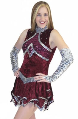 Majorette dress made with velvet, sequins, sequins trim and rhinestones.