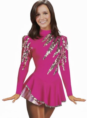 Majorette dress with lame insert, high neck, puffed shoulders and a multi fabric skirt. Dress is made with lycra, sequins and mystique.