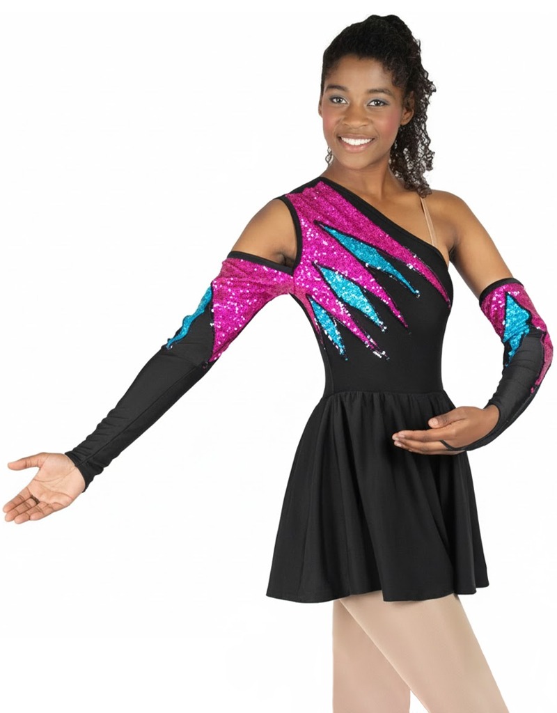 Majorette Dress with shoulder cutout and one sleeve made with lycra, microsequin and sequins trim.