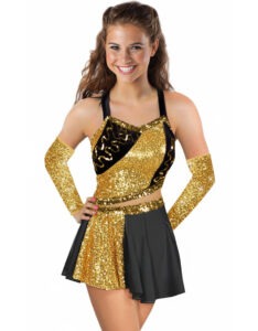 majorette dress with multi colored skirt made with lycra, microsequins and sequins trim sides of the top is made with black lycra with gold sequins trim rounded zigzags inside the black lycra. Skirt is made with black lycra, with gold microsequins on right front of leg. Shown with optional above the elbow microsequin gauntlets.