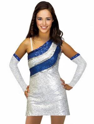 One shoulder Majorette dress made with microsequins and sequins trim.