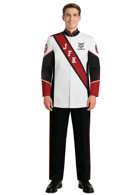 Man close up product shot wearing a white, black, and red marching uniform coat. Embroidery on front chest, school band colors red, black, and blue custom marching band uniform.