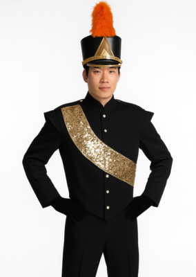 Black and gold drum major uniform with sequin sash, high collar, and tall hat with orange plume.