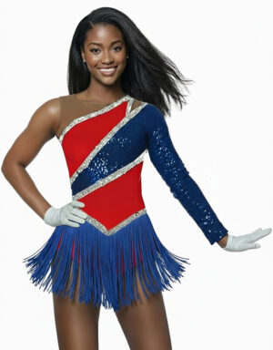 Majorette bodysuit with one sleeve made with lycra, mircosequins, sequins trim and a fringe skirt.
