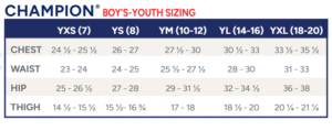 Break Out Warm-Up Set 5 BoysYouthSizeChart