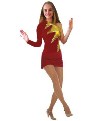 Majorette dress with one sleeve made with lycra, mystique and sequins trim.